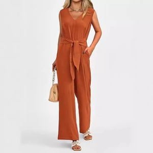 Elegant terracotta sleeveless wide-leg jumpsuit with V-neck and belted waist for women