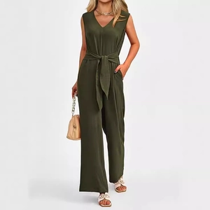 Elegant army green V-neck sleeveless jumpsuit with waist belt and wide leg fit