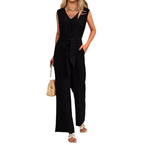 Elegant black sleeveless V-neck wide-leg jumpsuit with matching waist belt for women