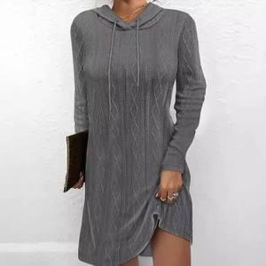 Women's grey long sleeve hooded knit dress with classic cable pattern for autumn