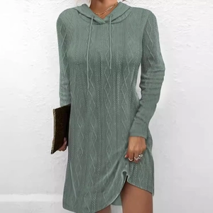 Women's autumn green cable-knit hooded sweater dress with long sleeves and drawstring hood