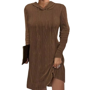Brown long sleeve hooded cable-knit dress with drawstring for a stylish autumn look