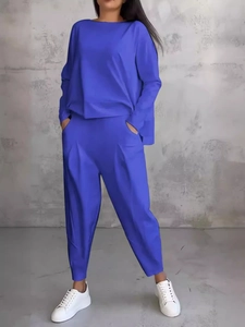 Completo casual due pezzi blu reale da donna con maglia a maniche lunghe e pantaloni