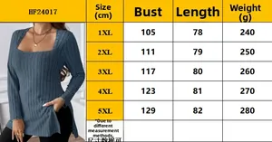 Detailed size chart for women's plus size square neck long sleeve ribbed top