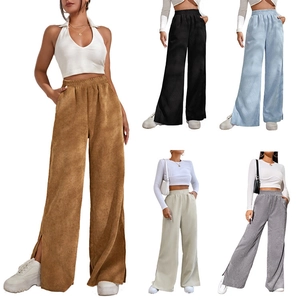 Women High Waisted Corduroy Wide Leg Pants Side Slit Casual Solid Color Straight Trousers Autumn Winter Loose Long Pants