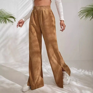 Women's high waist corduroy wide leg pants with side slits in brown