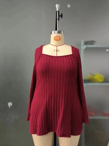 Detail view of red ribbed long sleeve top featuring a square neckline in size 1XL