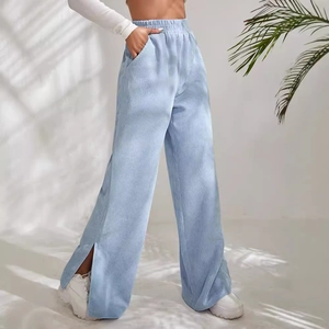 High-waist light blue corduroy wide-leg pants with side pockets and split hems
