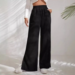 Women high waist corduroy trousers with split hem and loose fitting design