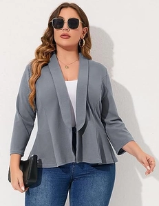 Detail of grey peplum blazer for women featuring a shawl collar and ruffled hemline