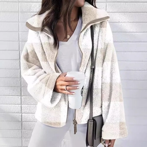 Veste sherpa à carreaux surdimensionnée pour femme avec col revers et fermeture éclair