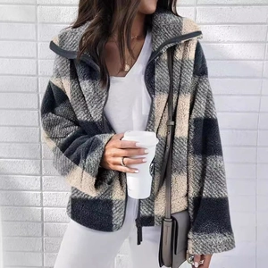 Veste polaire à carreaux pour femme avec fermeture éclair et motif en noir et blanc