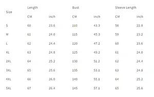 Size chart for off-shoulder sweatshirt from S to 5XL with CM and inch measurements