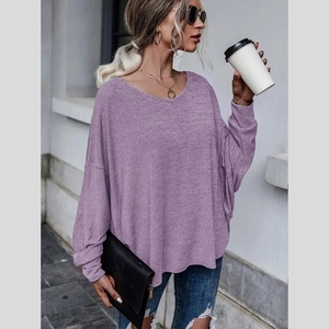Haut violet pour femme à col en V et manches longues amples avec épaules tombantes