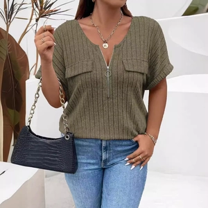 Women's olive green ribbed V-neck top with zipper and decorative flap pockets
