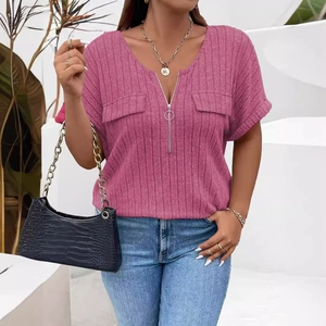 Women's ribbed knit short sleeve top with V-neck zipper and decorative pockets
