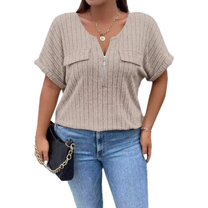 Women's apricot V-neck short sleeve knit top with zipper and decorative pockets