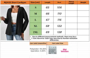 Tableau des tailles détaillé pour cardigan côtelé uni incluant longueur et tour de poitrine