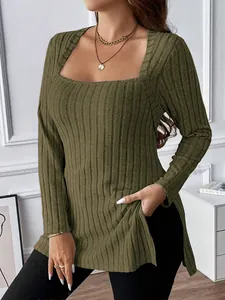Detail of square neck knit top in olive green ribbed fabric with side slit hem