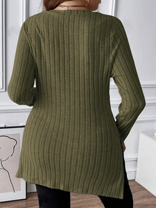 Detail view of olive green ribbed long sleeve top with an asymmetrical hem and side split
