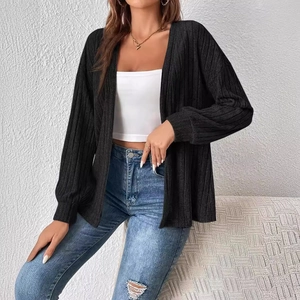 Gilet noir en maille côtelée pour femme, coupe ample sans fermeture à manches longues
