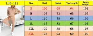 Detailed size guide table for women's casual half-zip long sleeve tracksuit set