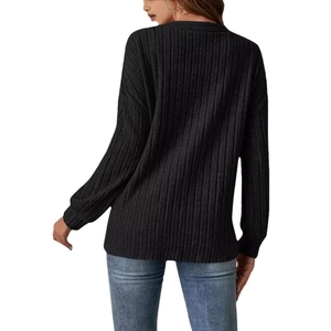Gilet noir à côtes pour femme avec manches longues et coupe décontractée à épaules tombantes