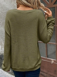 Rear view of army green waffle knit sweatshirt with dropped shoulders and ribbed hem