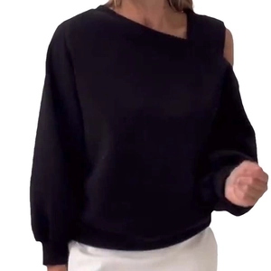 Women's casual black sweatshirt with asymmetric off-shoulder design and long sleeves