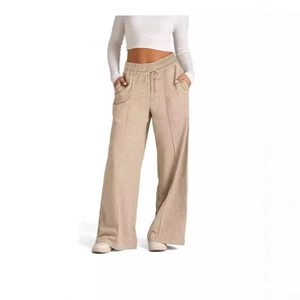 Pantalon large femme à taille haute avec cordon de serrage et couture centrale beige