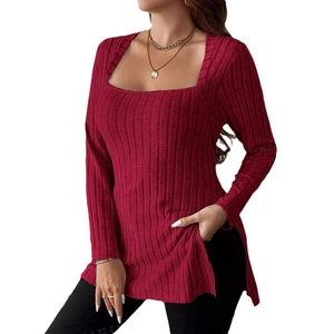 Women's square neck ribbed knit long sleeve top in deep wine red with side slits