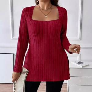 Women's burgundy ribbed knit long sleeve top with elegant square neckline for autumn style