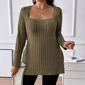 Slim fit olive green ribbed knit square neck long sleeve top for women 2025 style