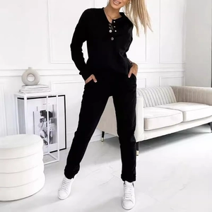 Women's black 2-piece loungewear set with henley long sleeve top and jogger pants