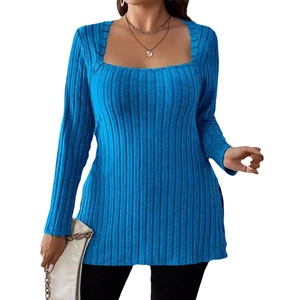 Women's blue square neck long sleeve top in ribbed knit with a slim fit profile