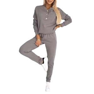 Women's grey two-piece lounge tracksuit featuring button-neck top and ribbed jogger pants