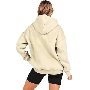 Back view of beige oversized hooded sweatshirt with dropped shoulders and ribbed cuffs