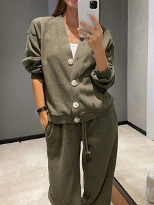 Women's olive green knit 2-piece lounge set with button-up cardigan and drawstring pants