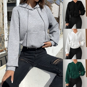 Women Casual Waffle Texture Hooded Sweatshirt Loose Pullover Long Sleeve Hoodie With Pocket Drawstring Streetwear Fashion Top