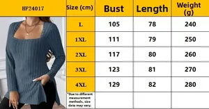 Detailed size guide table for women's plus size square neck ribbed knit long sleeve top