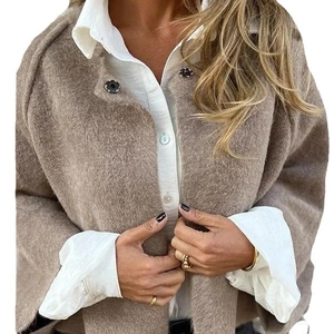 Minimalist camel cashmere short coat for women with loose round neck and luxury texture