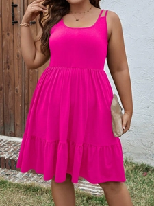 Detail of rose red plus size sleeveless summer dress with ruffled hem and empire waist
