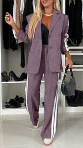 Detail of burgundy heathered blazer and wide-leg pants with white side stripes