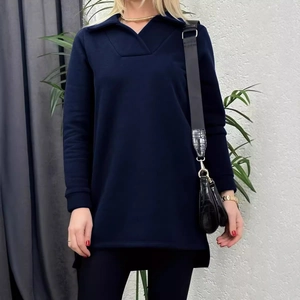Sudadera casual azul marino de manga larga para mujer con cuello polo en V y estilo holgado