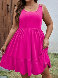 Detail of ruffled multi-layer hem on plus size fuchsia sleeveless A-line summer dress