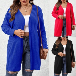 Cardigan lungo da donna in maglia a coste a tinta unita con design aperto davanti