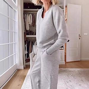 Women's light grey v-neck long sleeve top and wide-leg pants casual two-piece set