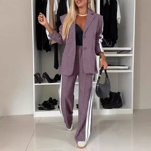 Women's casual purple two-piece suit with blazer and trousers featuring white side stripes