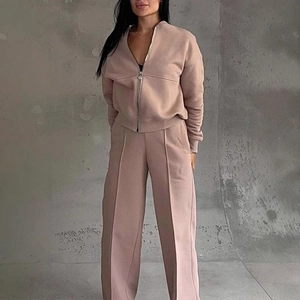 Women's autumn casual pink sweatshirt set with zipper jacket and wide-leg trousers