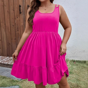 Sleeveless plus size rose pink A-line midi dress with tiered ruffle hem for women